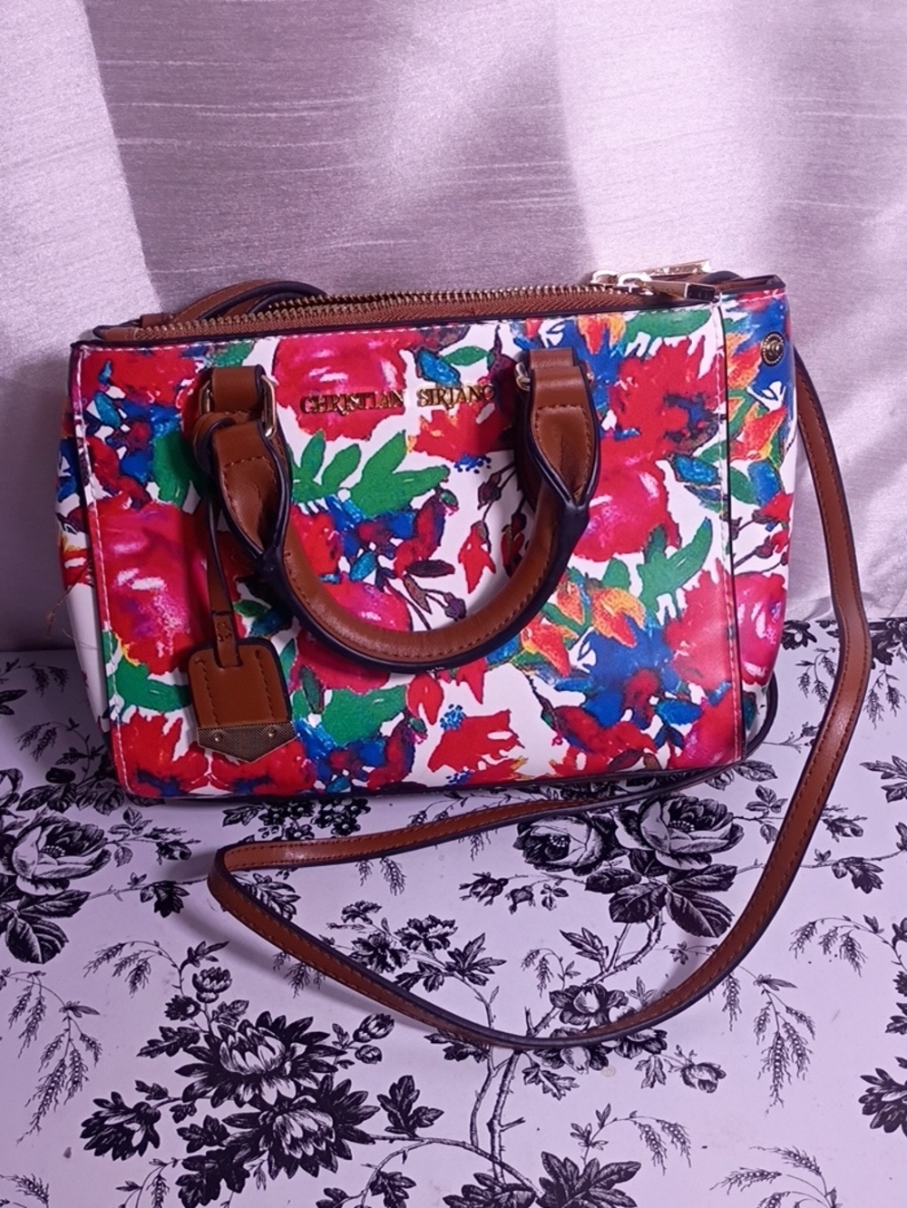 Christian Siriano Red,‎ Green, Blue Floral Satchel with Brown Trim